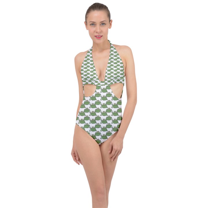 Funny Frog Cartoon Drawing Motif Pattern Halter Front Plunge Swimsuit