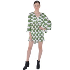 Funny Frog Cartoon Drawing Motif Pattern V-neck Flare Sleeve Mini Dress by dflcprintsclothing