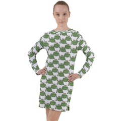 Funny Frog Cartoon Drawing Motif Pattern Long Sleeve Hoodie Dress by dflcprintsclothing