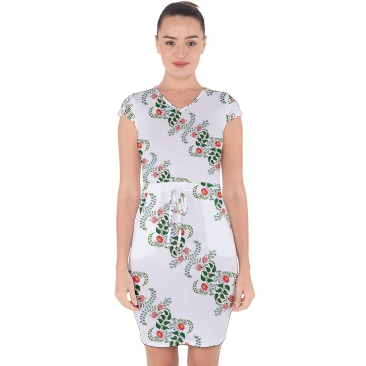 Background Ornamental Pattern Graphic Seamless Capsleeve Drawstring Dress 