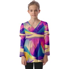 Abstract Geometric Landscape Art 3d Render Kids  V Neck Casual Top by Pakemis