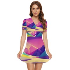 Abstract Geometric Landscape Art 3d Render V-neck High Waist Chiffon Mini Dress