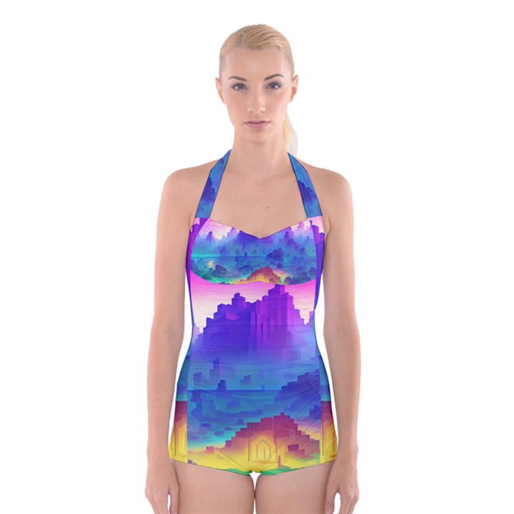 Abstract Geometric Landscape Art 3d Boyleg Halter Swimsuit 