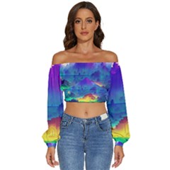 Abstract Geometric Landscape Art 3d Long Sleeve Crinkled Weave Crop Top