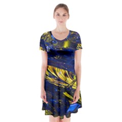 Space Futuristic Shiny Abstraction Flash Colorful Short Sleeve V-neck Flare Dress by Pakemis