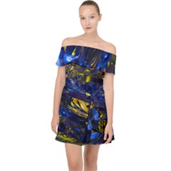 Space Futuristic Shiny Abstraction Flash Colorful Off Shoulder Chiffon Dress by Pakemis