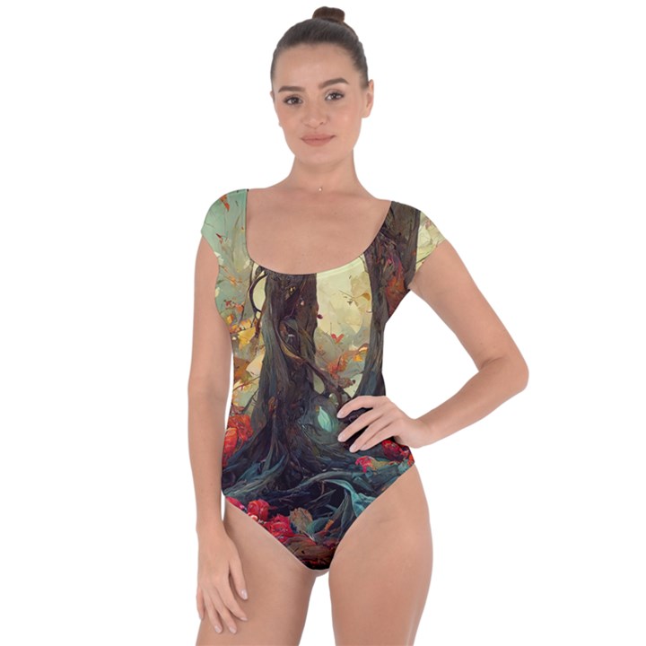 Abstract Texture Forest Trees Fruits Nature Leaves Short Sleeve Leotard 