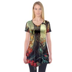 Abstract Texture Forest Trees Fruits Nature Leaves Short Sleeve Tunic  by Pakemis