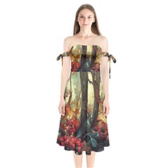 Abstract Texture Forest Trees Fruits Nature Leaves Shoulder Tie Bardot Midi Dress by Pakemis