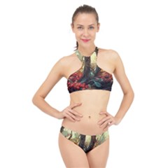 Abstract Texture Forest Trees Fruits Nature Leaves High Neck Bikini Set by Pakemis