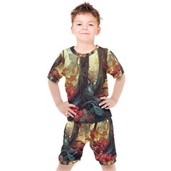 Abstract Texture Forest Trees Fruits Nature Leaves Kids  Tee And Shorts Set by Pakemis