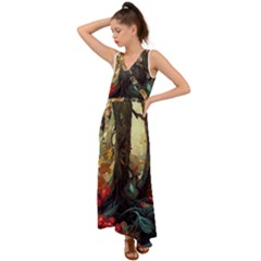 Abstract Texture Forest Trees Fruits Nature Leaves V-neck Chiffon Maxi Dress by Pakemis