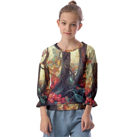 Abstract Texture Forest Trees Fruits Nature Leaves Kids  Cuff Sleeve Top by Pakemis