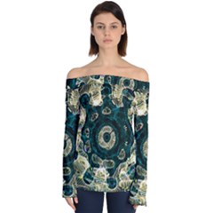 Fractal Glowing Kaleidoscope Wallpaper Art Design Off Shoulder Long Sleeve Top by Pakemis