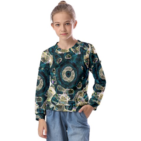 Fractal Glowing Kaleidoscope Wallpaper Art Design Kids  Long Sleeve Tee With Frill  by Pakemis