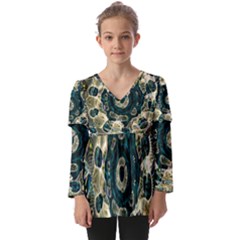 Fractal Glowing Kaleidoscope Wallpaper Art Design Kids  V Neck Casual Top by Pakemis