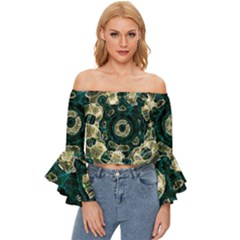 Fractal Glowing Kaleidoscope Wallpaper Art Design Off Shoulder Flutter Bell Sleeve Top by Pakemis