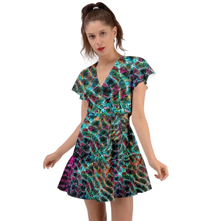 Fractal Abstract Waves Background Wallpaper Flutter Sleeve Wrap Dress