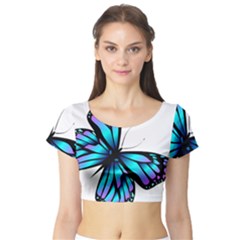 Blue And Pink Butterfly Illustration, Monarch Butterfly Cartoon Blue, Cartoon Blue Butterfly Free Pn Short Sleeve Crop Top