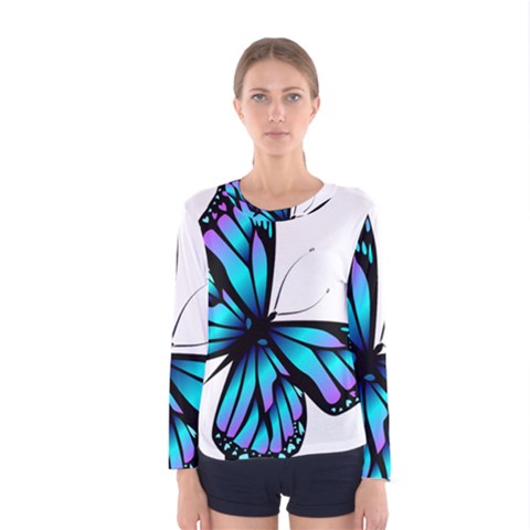 Blue And Pink Butterfly Illustration, Monarch Butterfly Cartoon Blue, Cartoon Blue Butterfly Free Pn Women s Long Sleeve Tee by asedoi