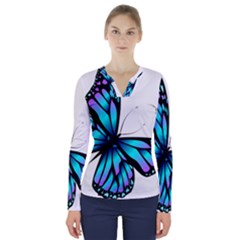 Blue And Pink Butterfly Illustration, Monarch Butterfly Cartoon Blue, Cartoon Blue Butterfly Free Pn V-neck Long Sleeve Top by asedoi