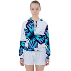 Blue And Pink Butterfly Illustration, Monarch Butterfly Cartoon Blue, Cartoon Blue Butterfly Free Pn Women s Tie Up Sweat