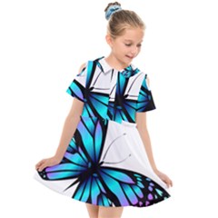 Blue And Pink Butterfly Illustration, Monarch Butterfly Cartoon Blue, Cartoon Blue Butterfly Free Pn Kids  Short Sleeve Shirt Dress by asedoi