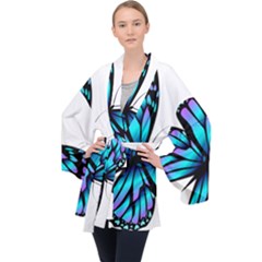 Blue And Pink Butterfly Illustration, Monarch Butterfly Cartoon Blue, Cartoon Blue Butterfly Free Pn Long Sleeve Velvet Kimono  by asedoi