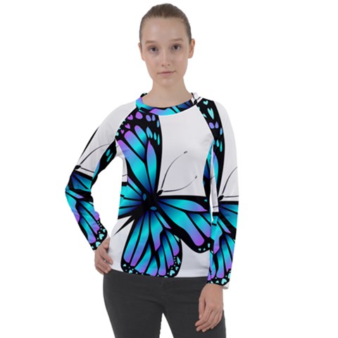 Blue And Pink Butterfly Illustration, Monarch Butterfly Cartoon Blue, Cartoon Blue Butterfly Free Pn Women s Long Sleeve Raglan Tee by asedoi