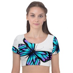 Blue And Pink Butterfly Illustration, Monarch Butterfly Cartoon Blue, Cartoon Blue Butterfly Free Pn Velvet Short Sleeve Crop Top  by asedoi