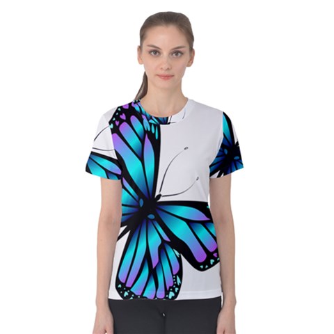 Blue And Pink Butterfly Illustration, Monarch Butterfly Cartoon Blue, Cartoon Blue Butterfly Free Pn Women s Cotton Tee by asedoi