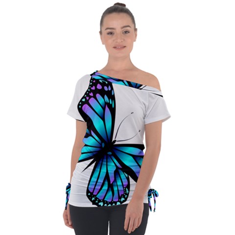 Blue And Pink Butterfly Illustration, Monarch Butterfly Cartoon Blue, Cartoon Blue Butterfly Free Pn Off Shoulder Tie-up Tee by asedoi