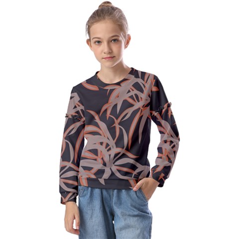 Leaf Leaves Pattern Print Kids  Long Sleeve Tee With Frill  by Ravend