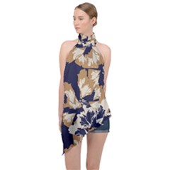 Abstract Flowers Background Pattern Halter Asymmetric Satin Top by Ravend