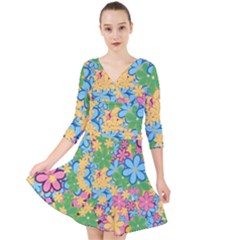 Flower Spring Background Blossom Quarter Sleeve Front Wrap Dress by Ravend