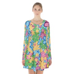 Flower Spring Background Blossom Long Sleeve Velvet V-neck Dress by Ravend