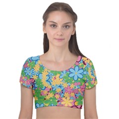 Flower Spring Background Blossom Velvet Short Sleeve Crop Top  by Ravend