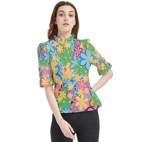 Flower Spring Background Blossom Frill Neck Blouse by Ravend