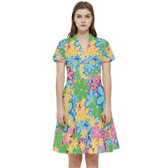 Flower Spring Background Blossom Short Sleeve Waist Detail Dress by Ravend