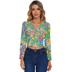 Flower Spring Background Blossom Long Sleeve V-neck Top