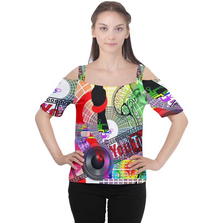 Social Media Interaction Woman Cutout Shoulder Tee