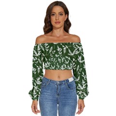 Leaves Pattern Wallpaper Watercolor Long Sleeve Crinkled Weave Crop Top