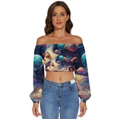 Quantum Physics Dreaming Lucid Long Sleeve Crinkled Weave Crop Top by Ravend