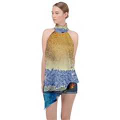 Abstract Painting Art Texture Halter Asymmetric Satin Top by Ravend