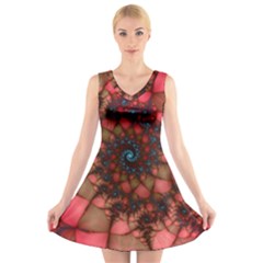 Fractals Abstract Art Red Spiral V-neck Sleeveless Dress by Ravend