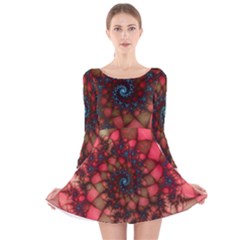 Fractals Abstract Art Red Spiral Long Sleeve Velvet Skater Dress by Ravend