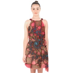 Fractals Abstract Art Red Spiral Halter Collar Waist Tie Chiffon Dress by Ravend