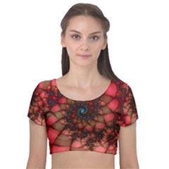 Fractals Abstract Art Red Spiral Velvet Short Sleeve Crop Top  by Ravend