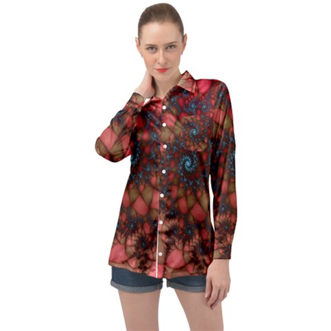 Fractals Abstract Art Red Spiral Long Sleeve Satin Shirt by Ravend