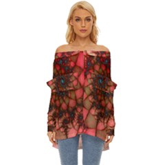 Fractals Abstract Art Red Spiral Off Shoulder Chiffon Pocket Shirt by Ravend